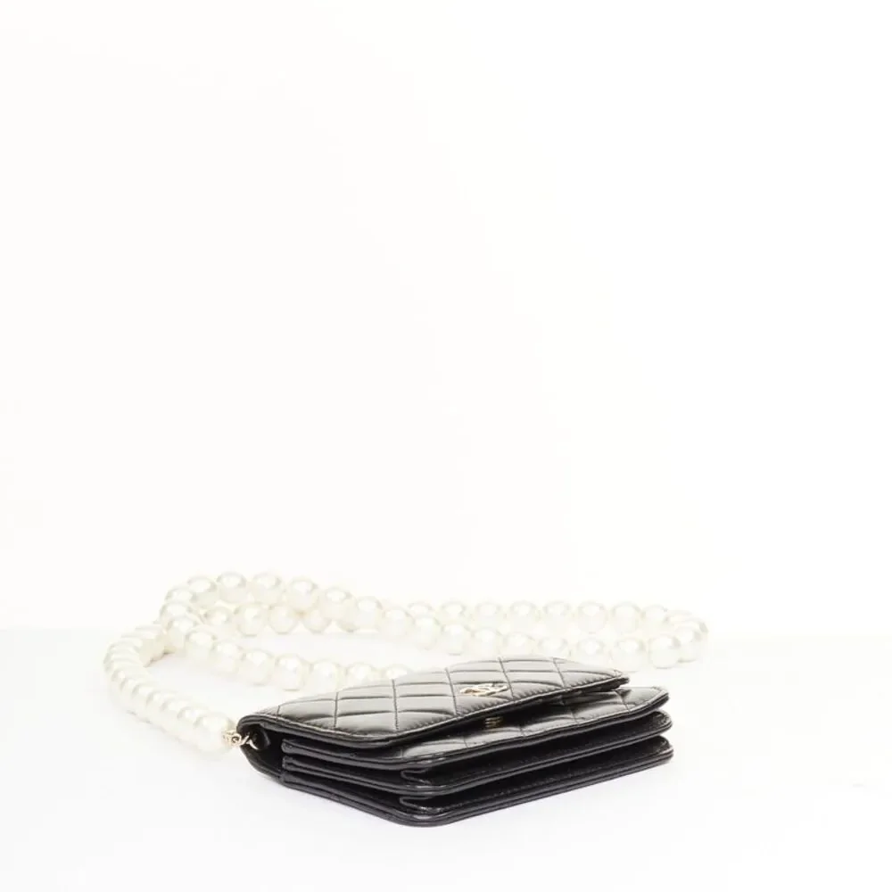CHANEL 2020 Maxi Pearls black quilted lambskin gold hardware wallet on chain bag